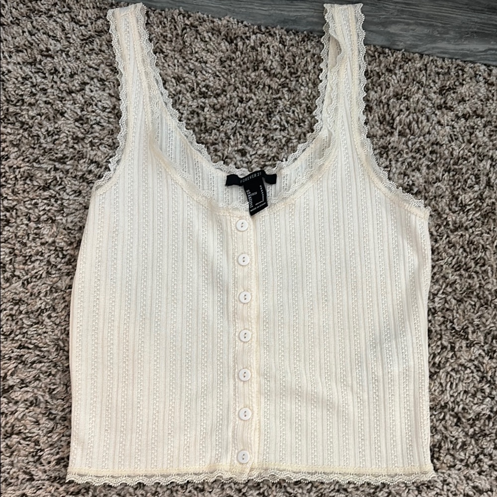 White Lace Trim Button-Up Tank Top